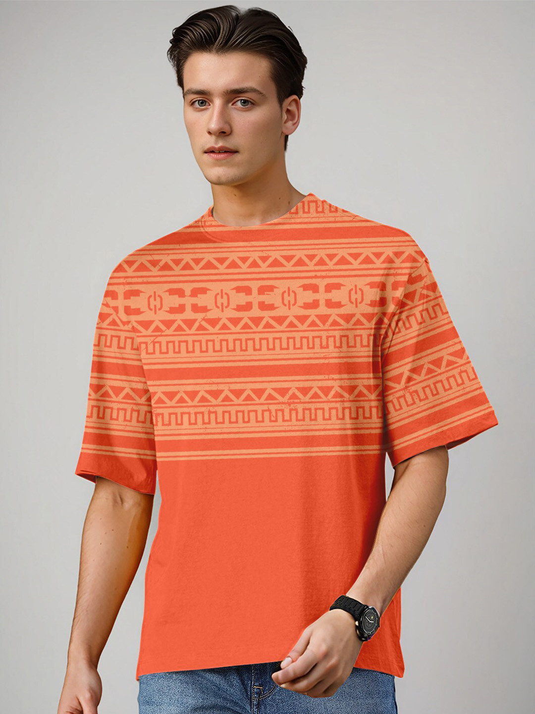 

Huetrap Geometric Printed Pure Cotton Relaxed Fit T-shirt, Orange