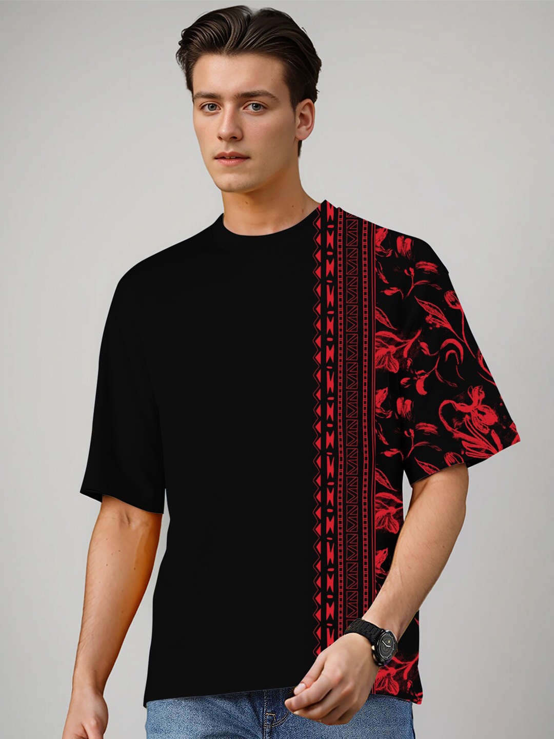 

Huetrap Floral Printed Pure Cotton Relaxed Fit T-shirt, Black