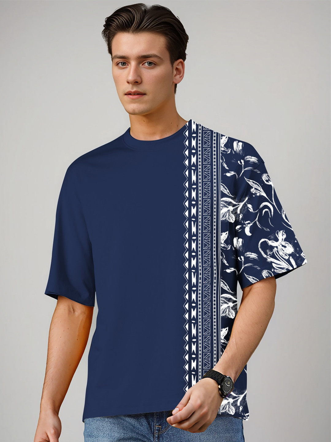 

Huetrap Floral Printed Pure Cotton T-shirt, Navy blue