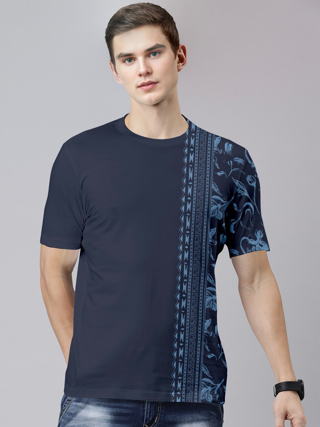 

Huetrap Floral Printed Pure Cotton T-shirt, Navy blue