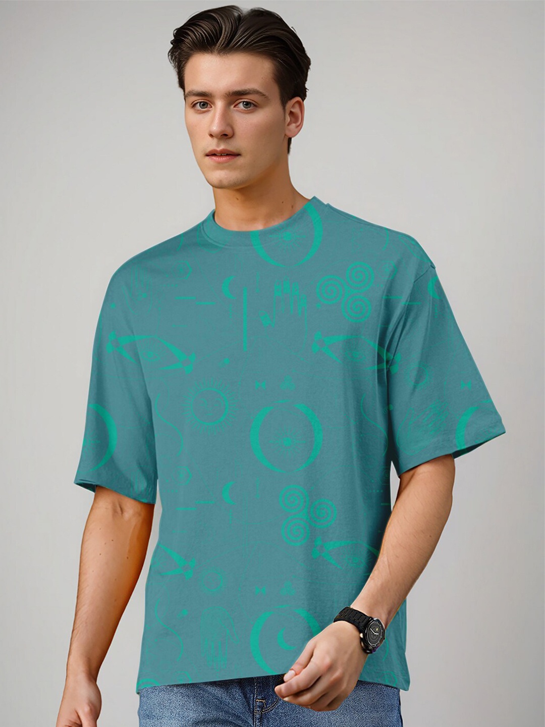 

Huetrap Graphic Printed Pure Cotton Relaxed Fit T-shirt, Teal
