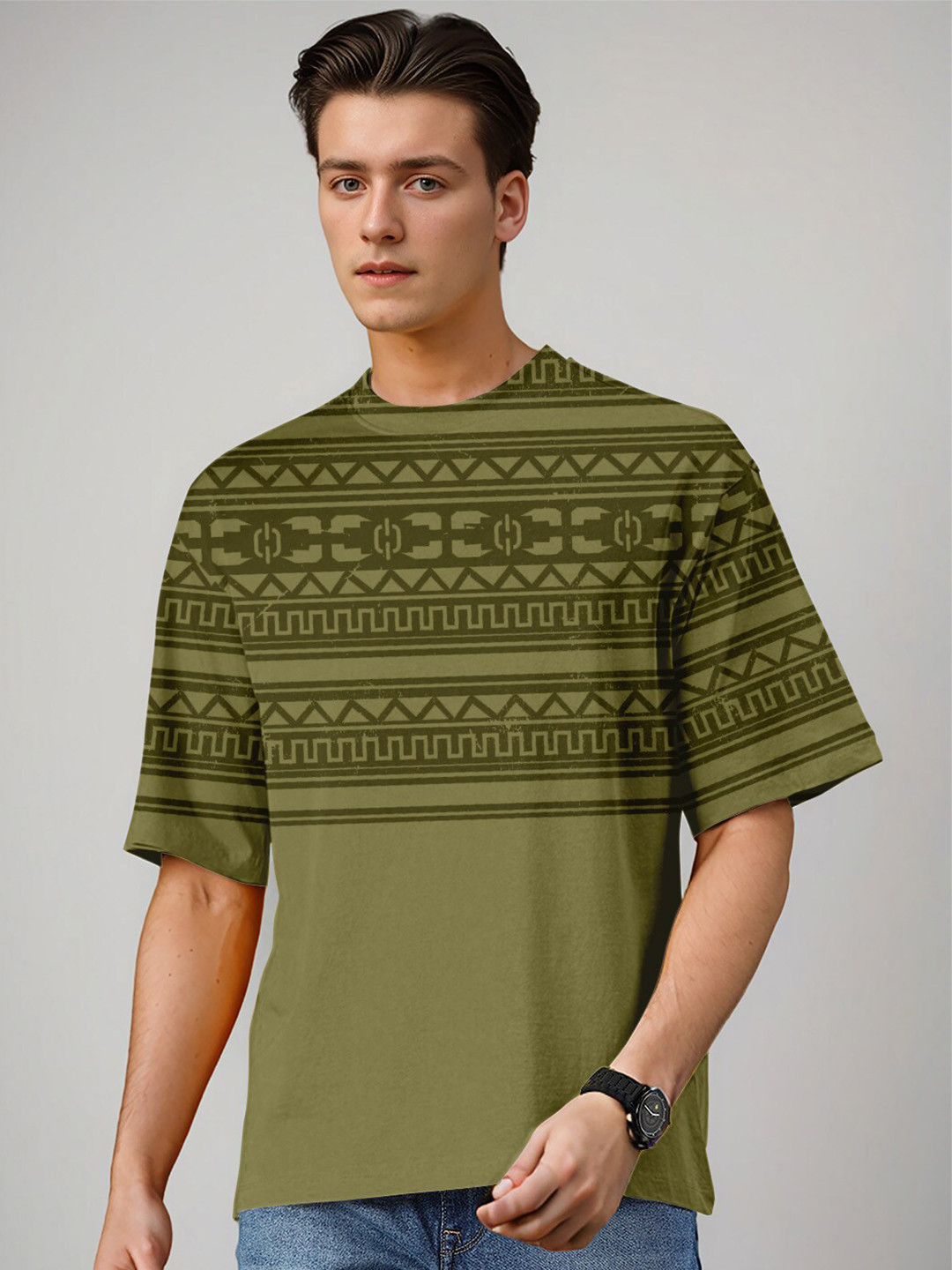 

Huetrap Geometric Printed Pure Cotton Relaxed Fit T-shirt, Olive