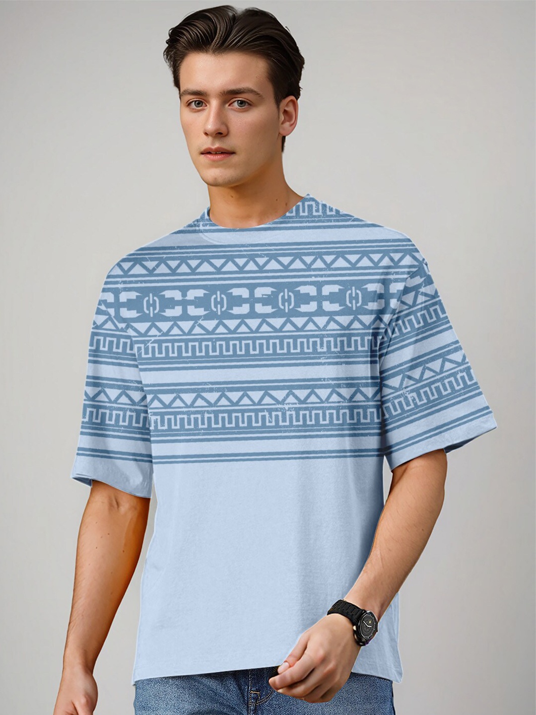 

Huetrap Tribal Printed Pure Cotton Relaxed Fit T-shirt, Blue