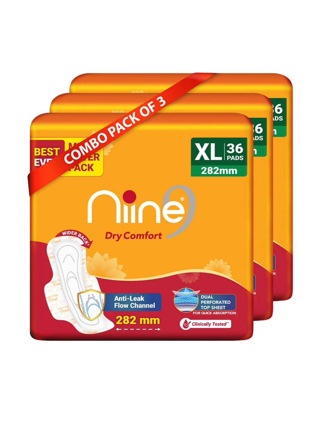 

Niine Set Of 3 Dry Comfort Anti Leak Flow Sanitary Pads - 36 Pads Each, White