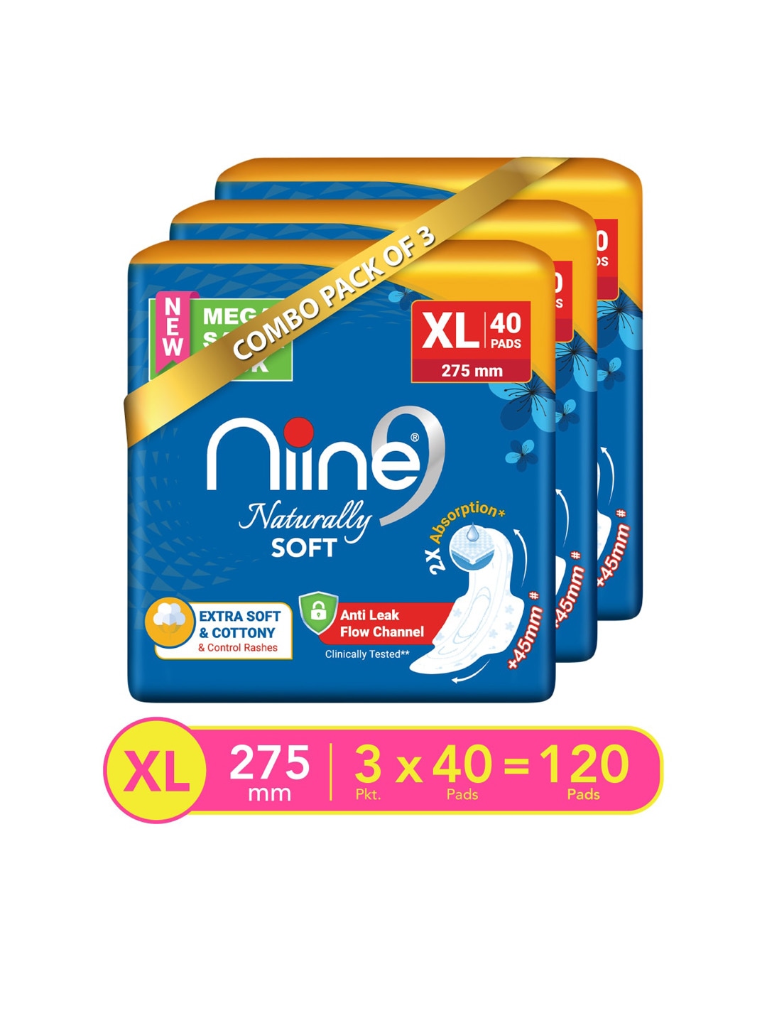 

Niine Set Of 3 Naturally Soft Anti Leak Flow Channel XL Sanitary Napkins - 40 Pads Each, White