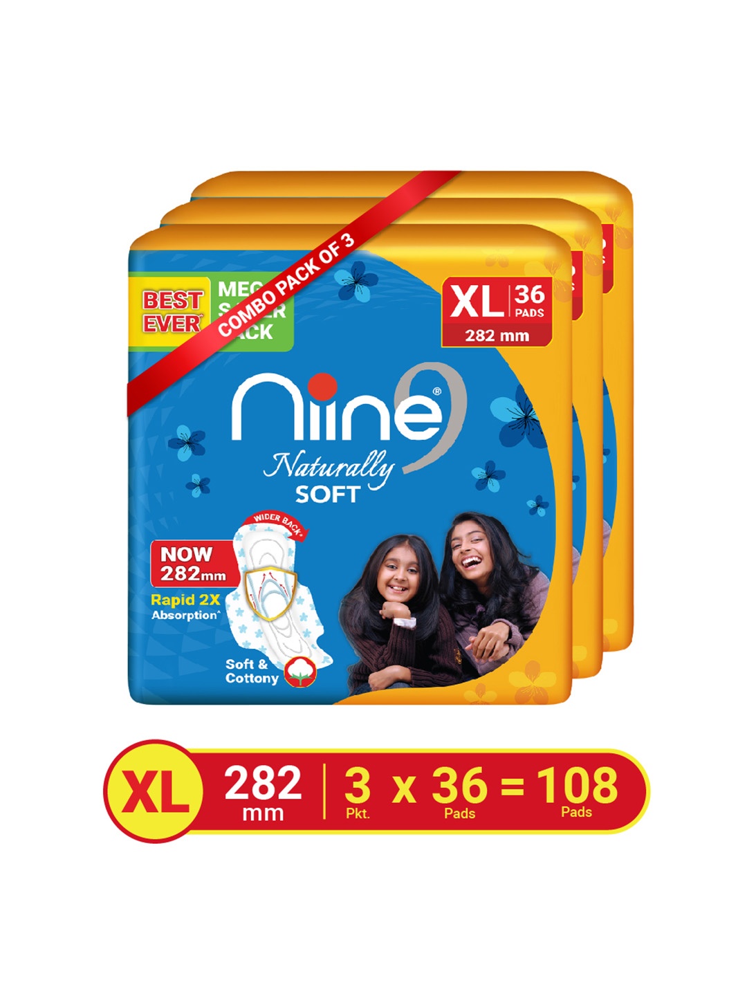 

Niine Set of 3 Naturally Soft Anti Leak Flow Channel XL 282mm Sanitary Pads - 36 Pads Each, White