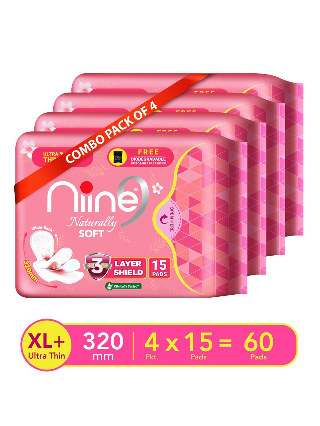 

Niine Set of 4 Naturally Soft Ultra Thin XL+ Sanitary Napkins for Heavy Flow-15 Pads Each, White