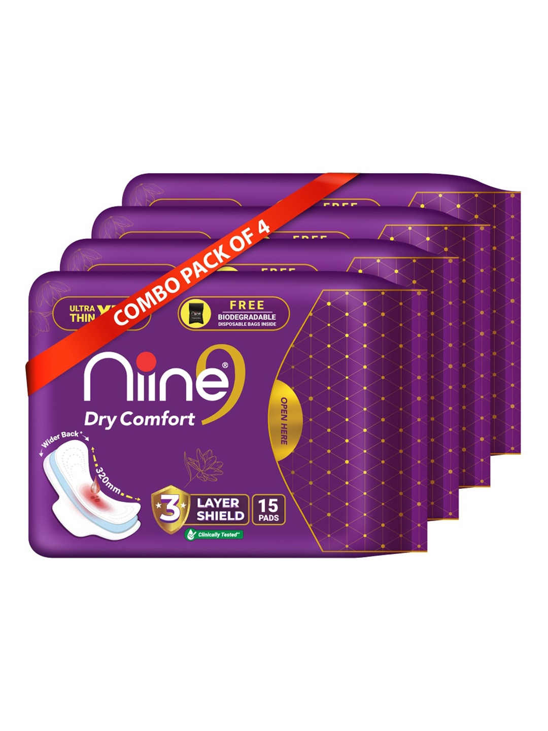 

Niine Set Of 4 Dry Comfort Ultra Thin XL+ Sanitary Napkins - 15 Pads Each, White