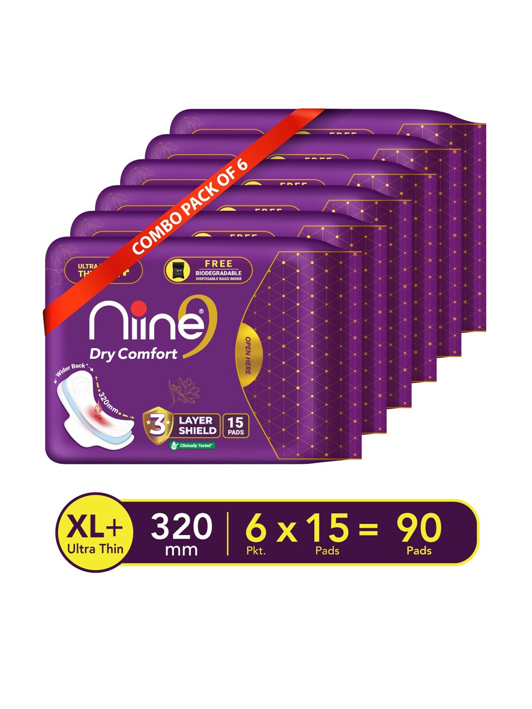 

Niine Set of 6 Dry Comfort Ultra-Thin XL+ Sanitary Napkins For Heavy Flow - 15 Pads Each, White