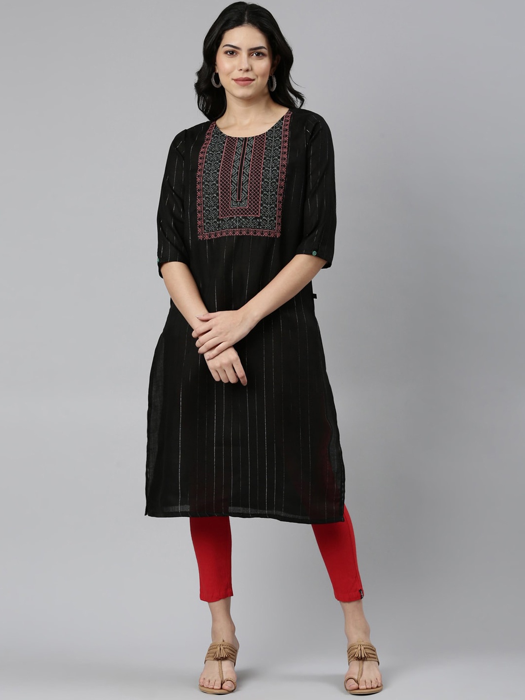Samhitas Ethnic Motifs Yoke Design Pure Cotton Kurta, Black