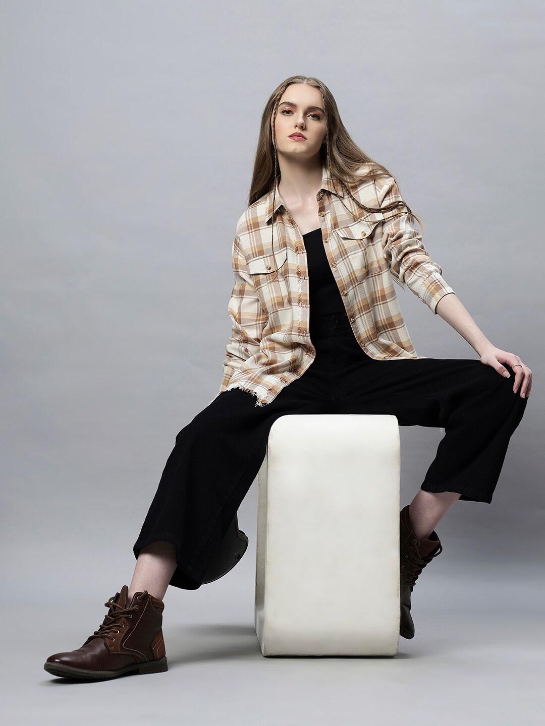 

The Roadster Lifestyle Co Checked Pure Cotton Long Sleeved Shirt, Beige