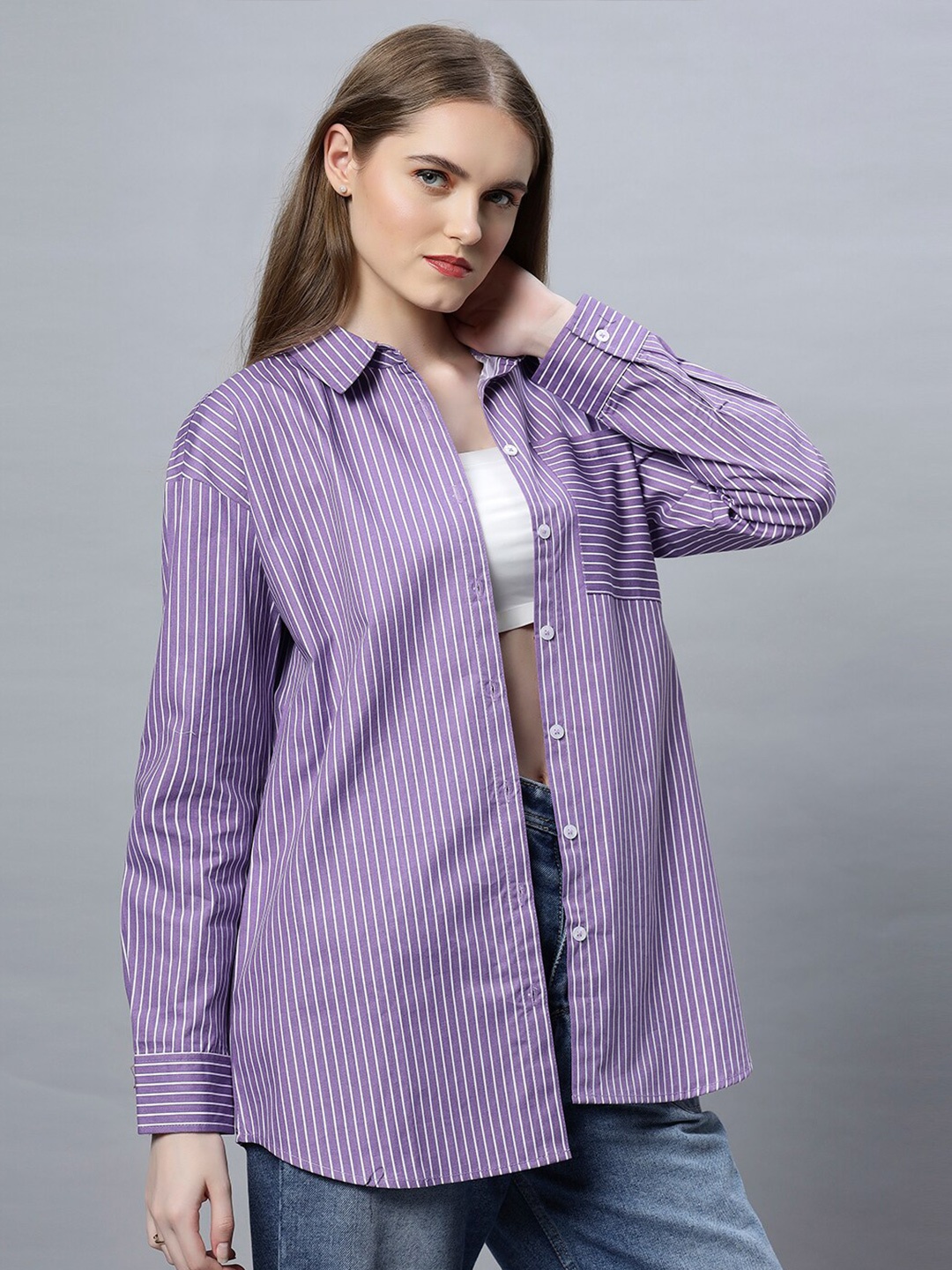 

The Roadster Lifestyle Co Striped Cotton Shirts, Purple