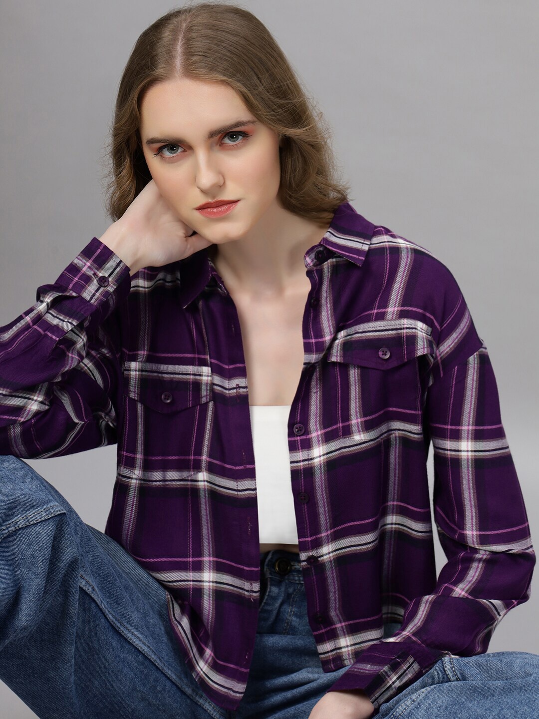 

Roadster Checked Pure Cotton Long Sleeves Shirts, Purple