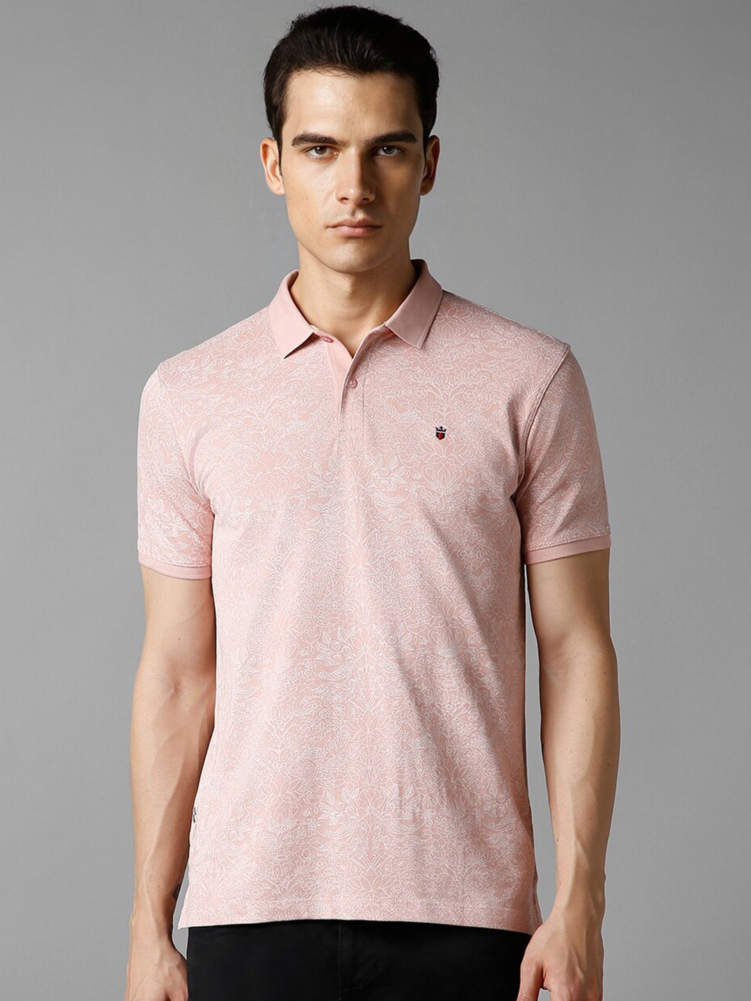 

Louis Philippe Jeans Floral Printed Polo Collar Slim Fit Cotton T-shirt, Pink