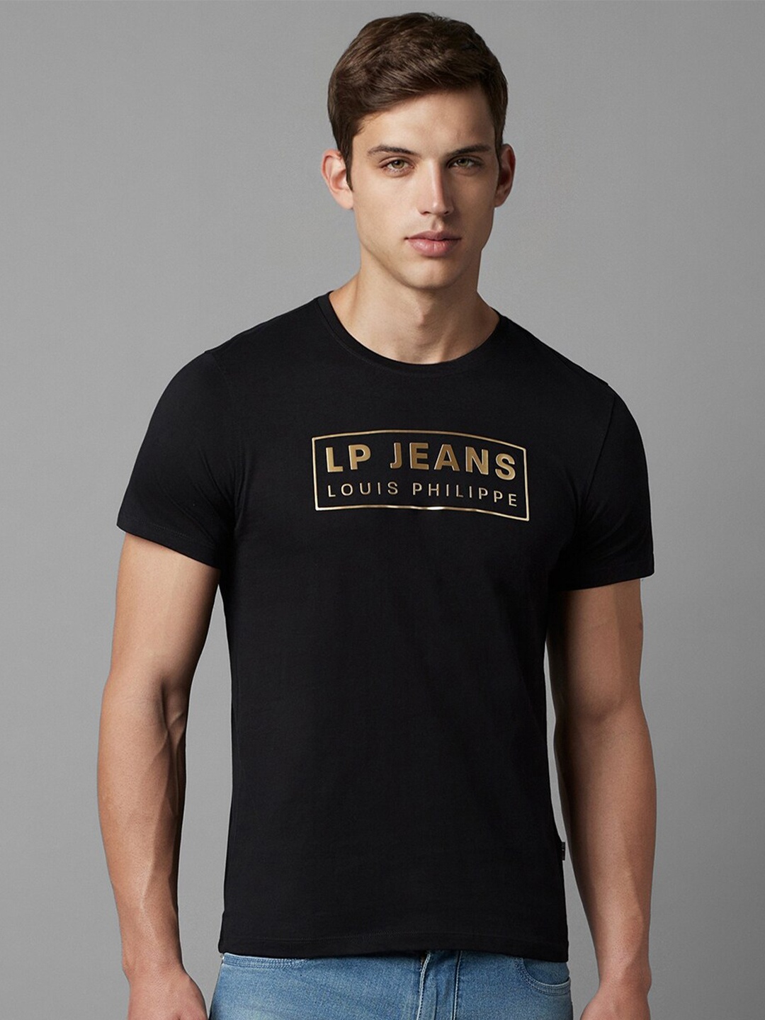 

Louis Philippe Jeans Typography Printed Crew Neck Cotton Slim Fit T-shirt, Black