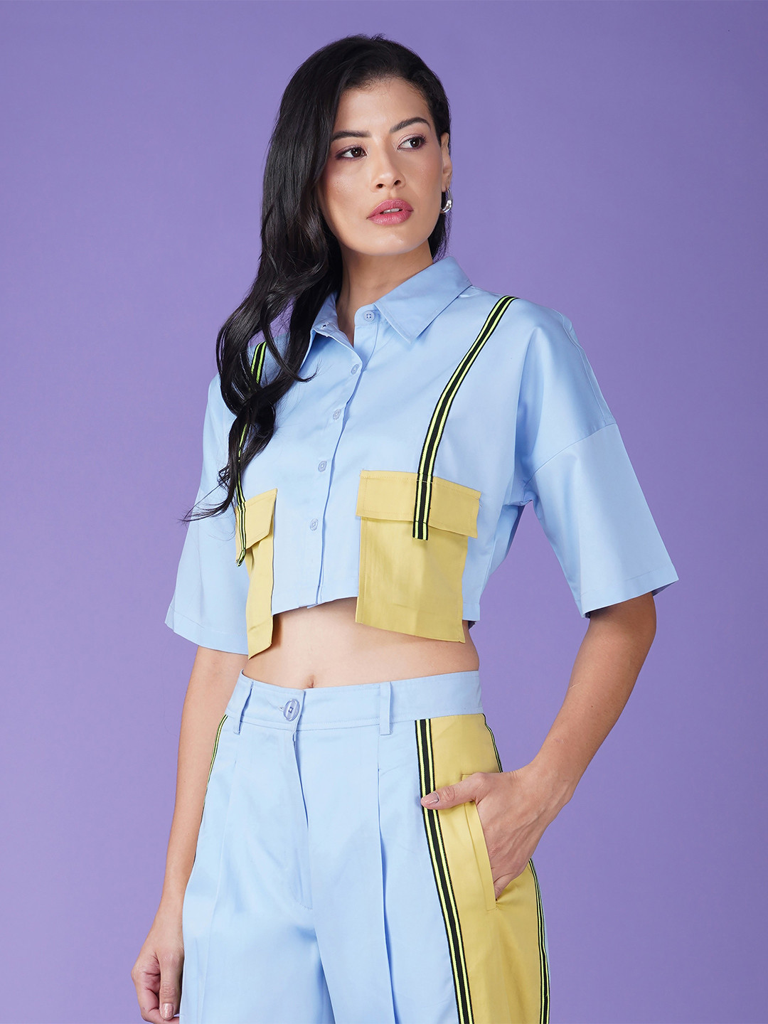 

YELLOW PARROT Colourblocked Creo Shirt With Trousers Co-Ords, Blue