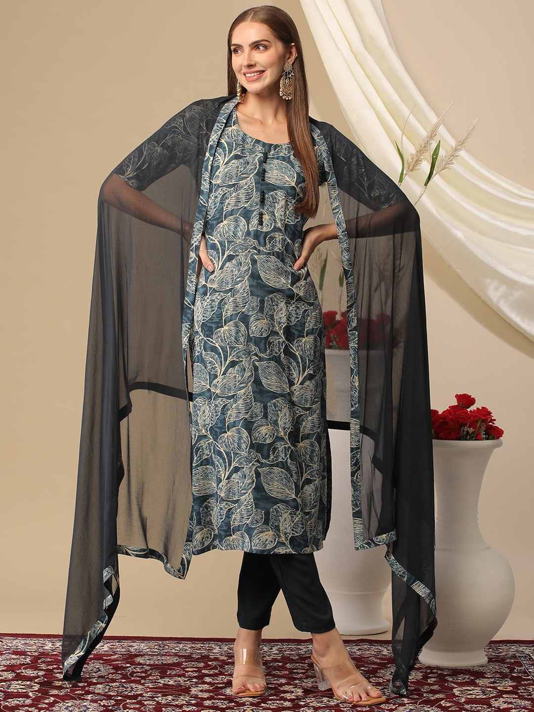 

KALINI Floral Printed Round Neck Calf Length Straight Kurta With Trousers & Dupatta, Blue
