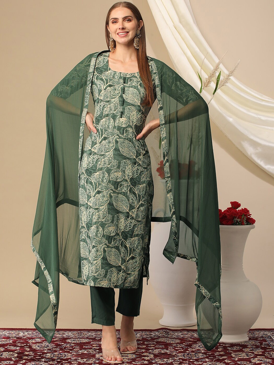 

KALINI Floral Printed Regular Kurta with Trousers & Dupatta, Green
