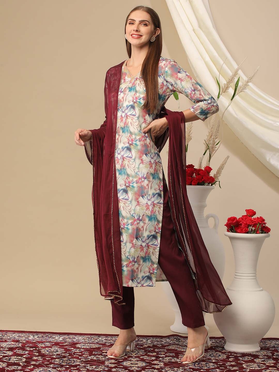 

KALINI Floral Printed Regular Gotta Patti Kurta with Trousers & Dupatta, Maroon