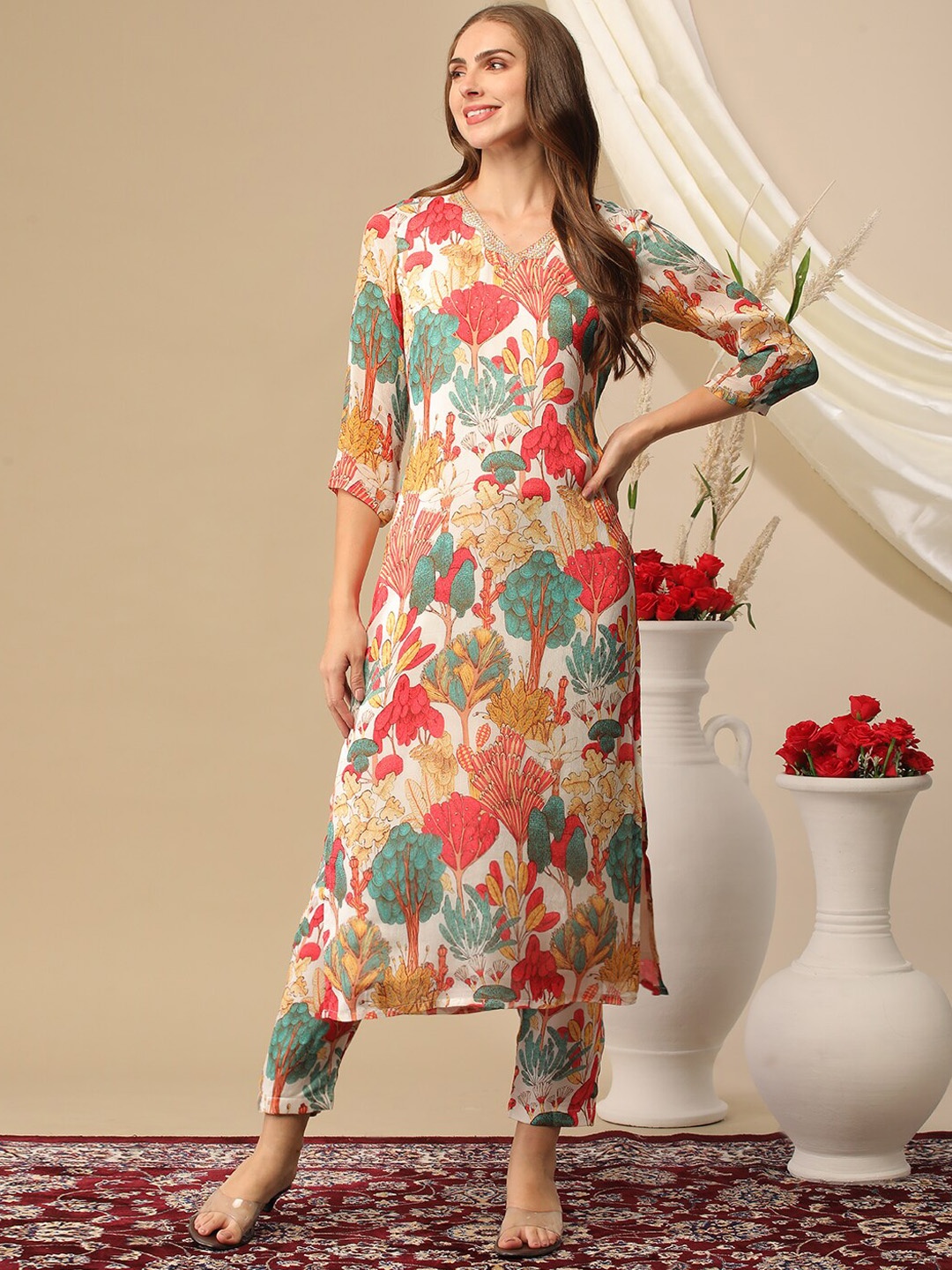 

KALINI V Neck Floral Printed Straight Kurta with Trouser, White