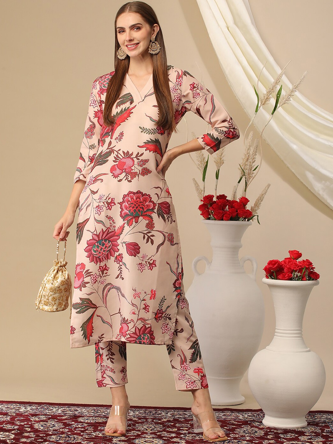 

KALINI Floral Printed Regular Kurta with Trousers, Beige