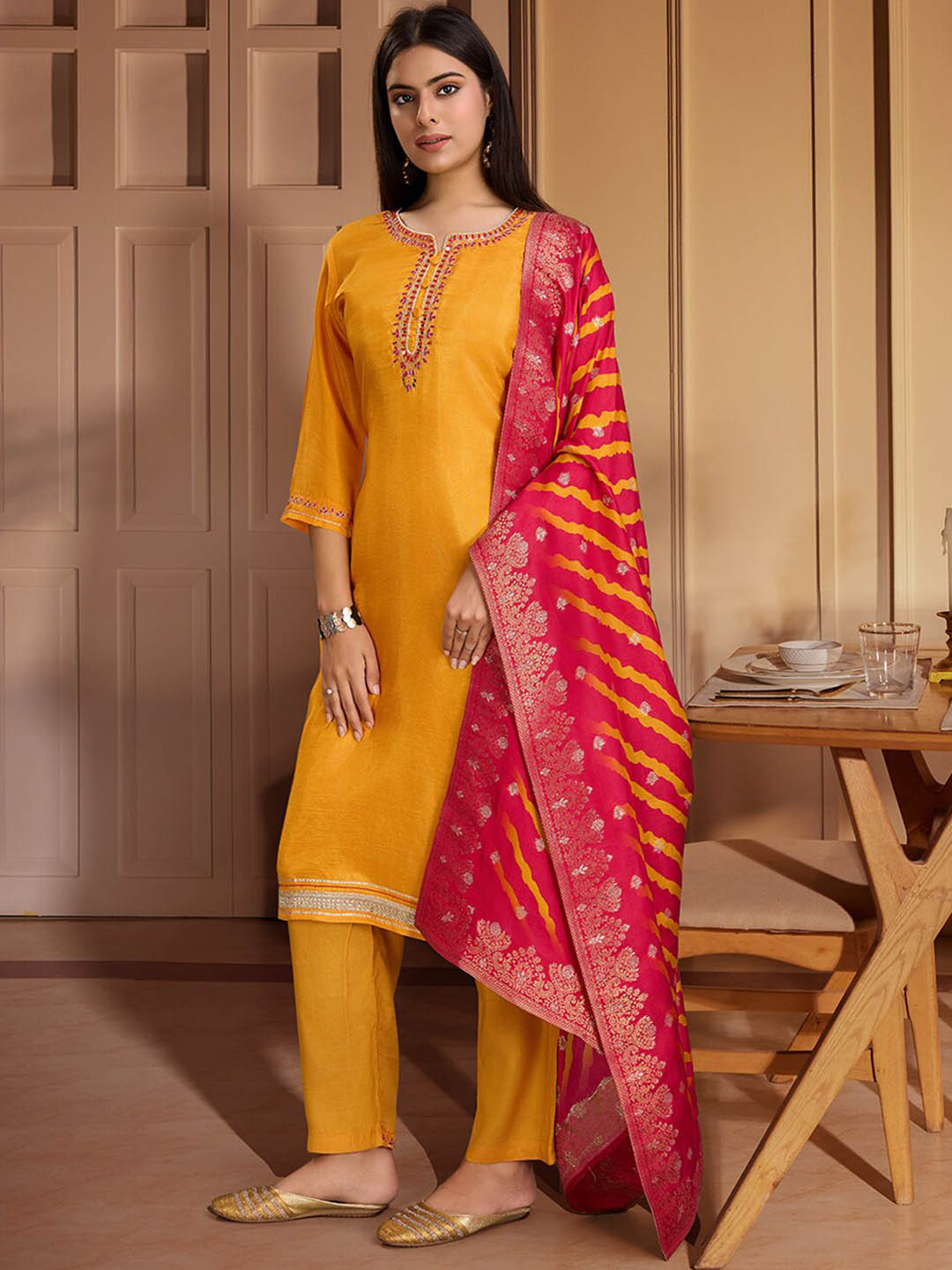 

House of Pataudi Printed Yoke or Border Round Neck Kurta With Trousers & Dupatta, Yellow