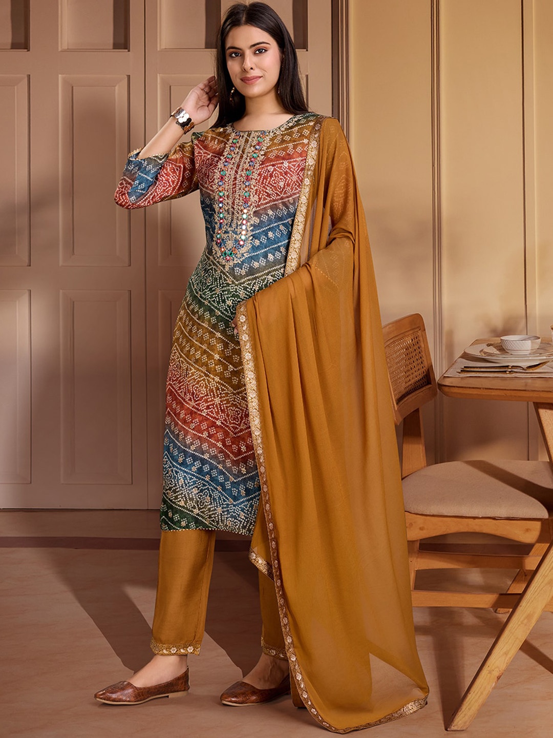 

House of Pataudi Bandhani Printed Round Neck Straight Kurta With Trousers & Dupatta, Mustard