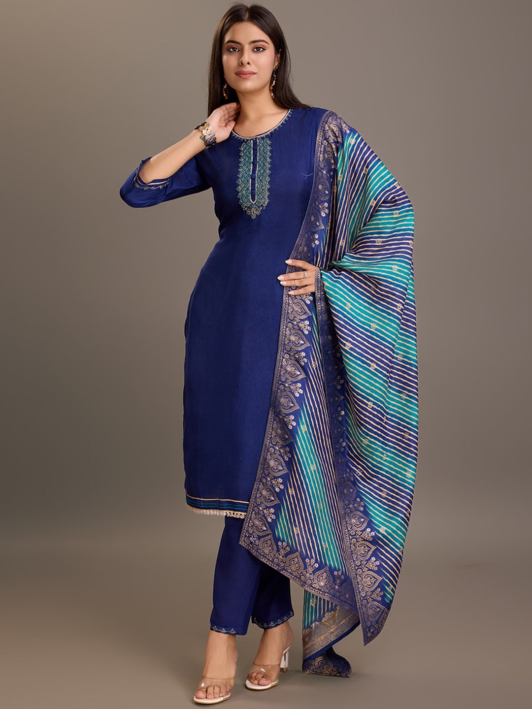 

House of Pataudi Yoke or Border Embroidered Thread Work Kurta With Trouser & Dupatta, Navy blue