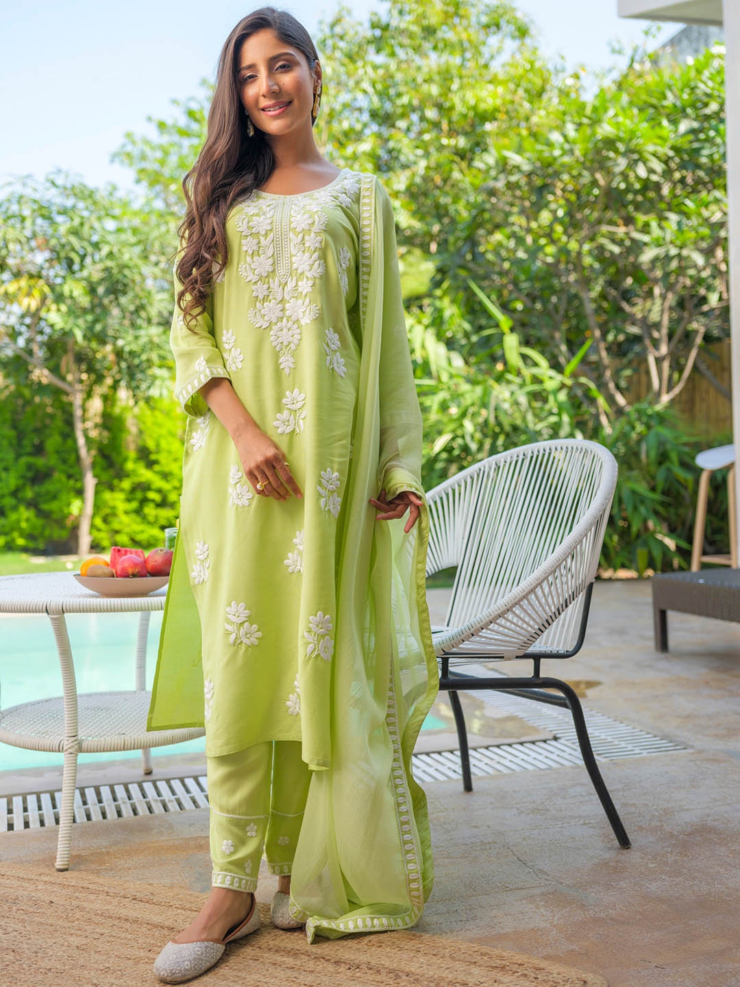 

House of Pataudi Floral Printed Yoke or Border Embroidered Kurta Trousers & Dupatta, Green