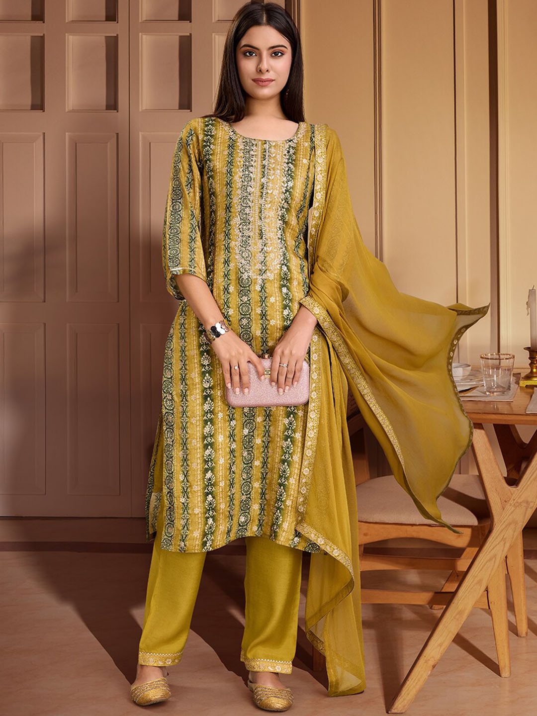 

House of Pataudi Bandhani Printed Embroidered Kurta & Trousers With Dupatta, Mustard