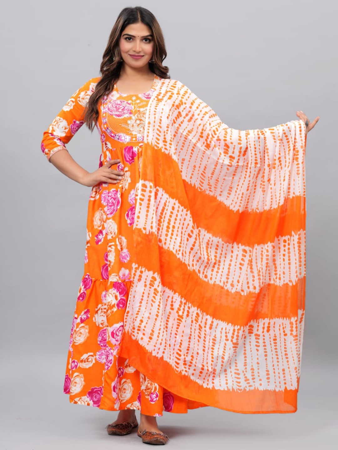 

FCV Floral Printed Mirror Work Anarkali Ethnic Dress with Dupatta, Orange