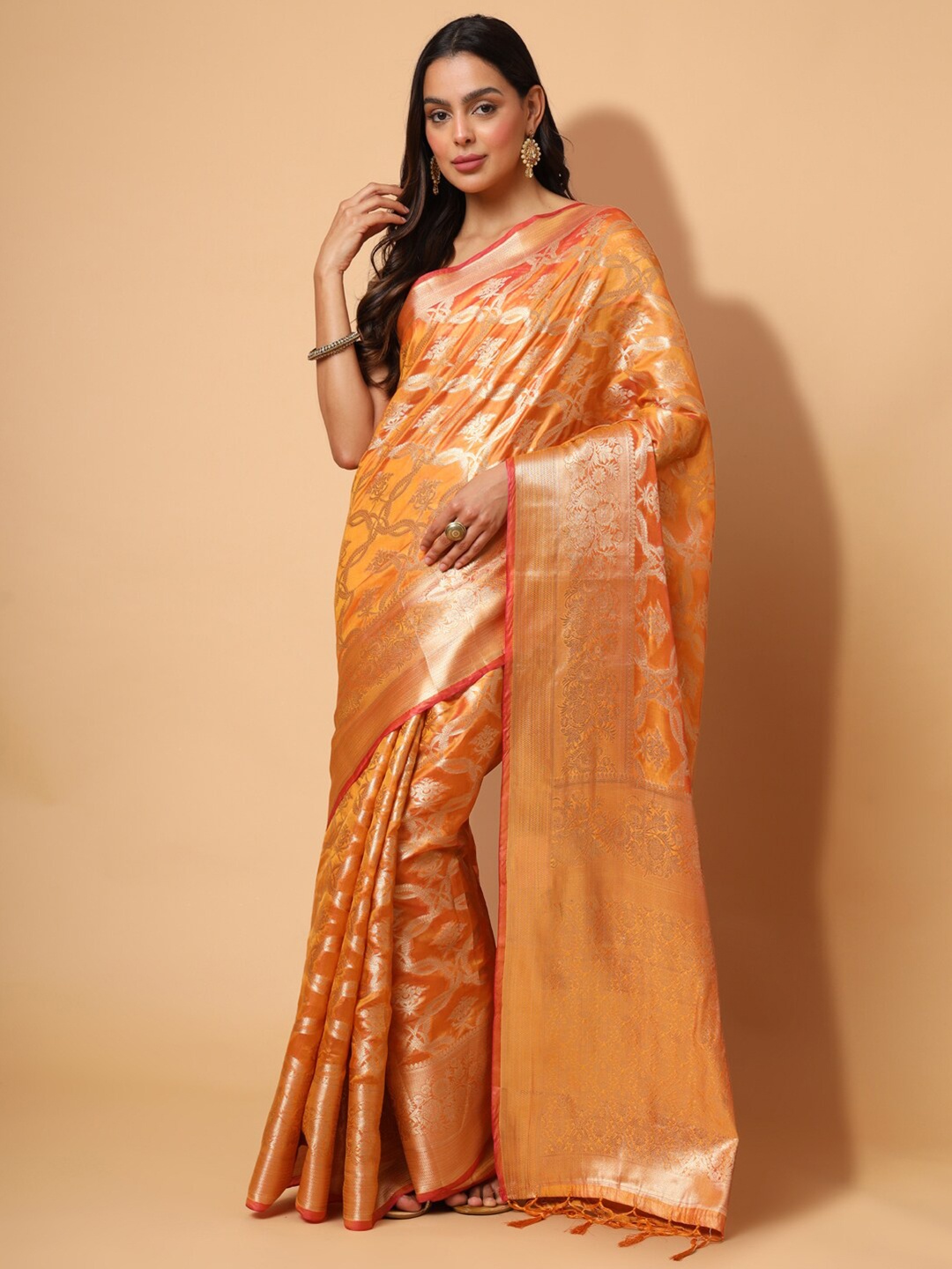 

PRAKRTEE Floral Zari Organza Saree, Mustard