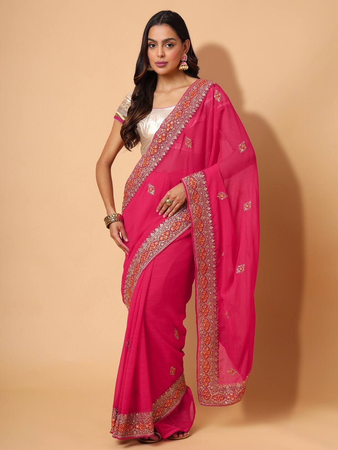 

PRAKRTEE Embellished Beads and Stones Saree, Pink