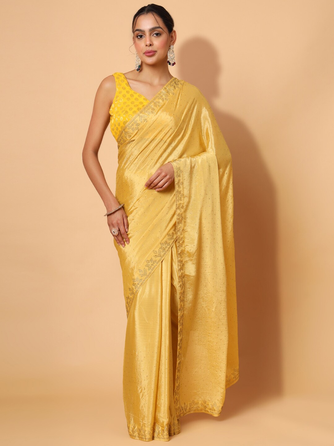 

PRAKRTEE Embellished Beads and Stones Saree, Mustard