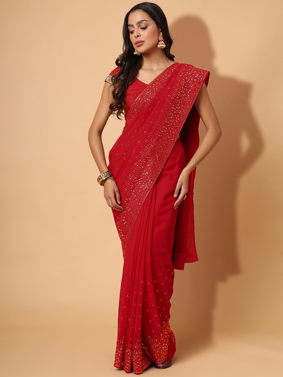 

PRAKRTEE Embellished Mukaish Saree, Red