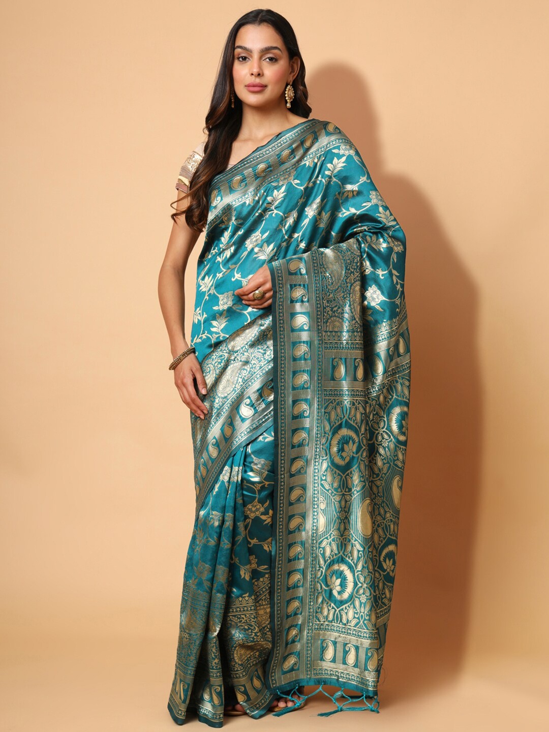 

PRAKRTEE Ethnic Motifs Woven Design Zari Silk Cotton Saree, Teal