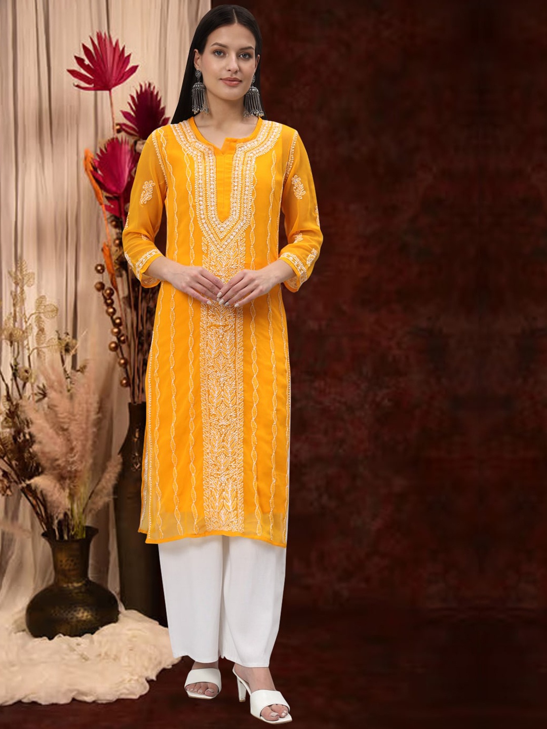 

PARAMOUNT CHIKAN Women Embroidered Lucknowi Chikankari Georgette Kurta, Yellow