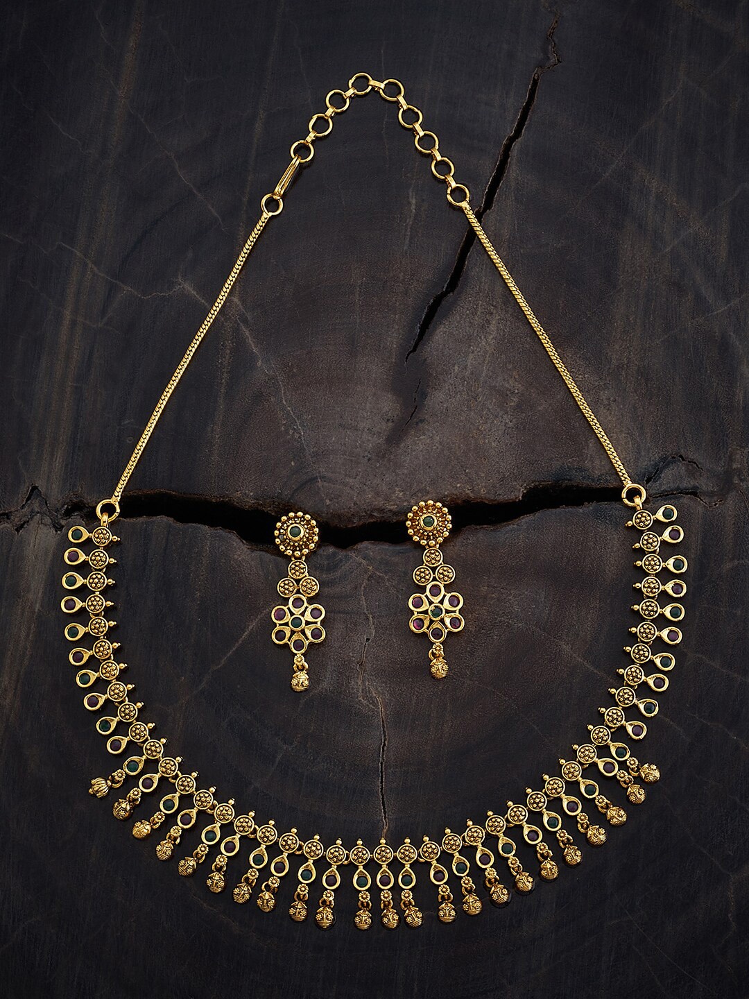 

Kushal's Fashion Jewellery Gold-Plated Stones Studded Ethnic Antique Jewellery Set