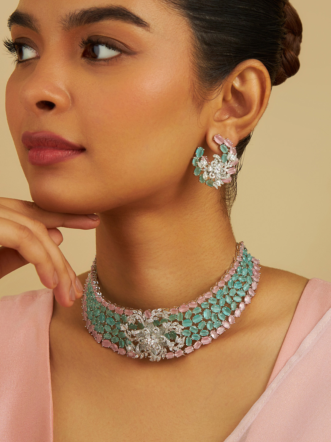 

Kushal's Fashion Jewellery Rhodium Plated Cubic Zirconia Studded Jewellery Set, Silver