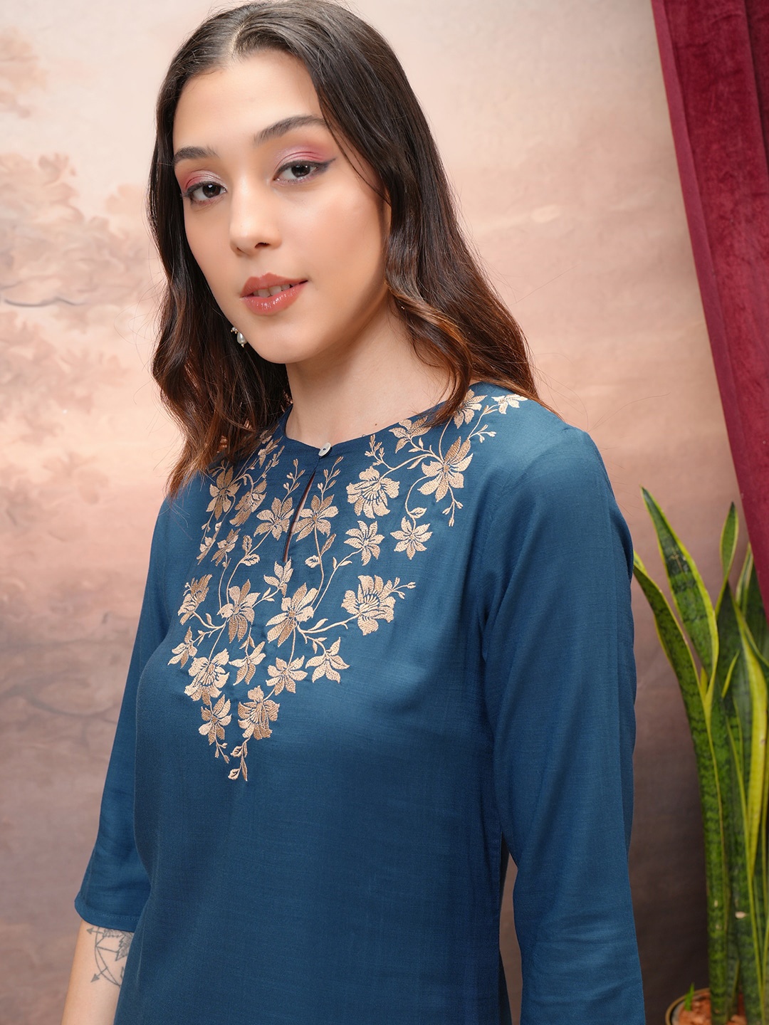 

Vishudh Teal Blue Floral Yoke Design Zari A-Line Kurta