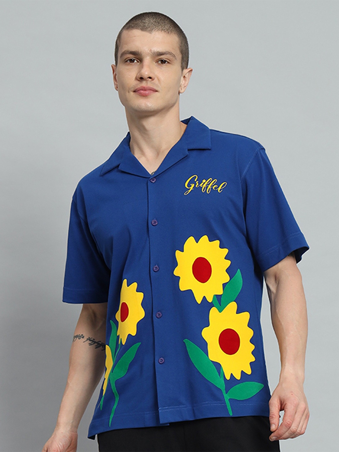 

GRIFFEL Premium Floral Printed Cuban Collar Cotton Casual Shirt, Blue