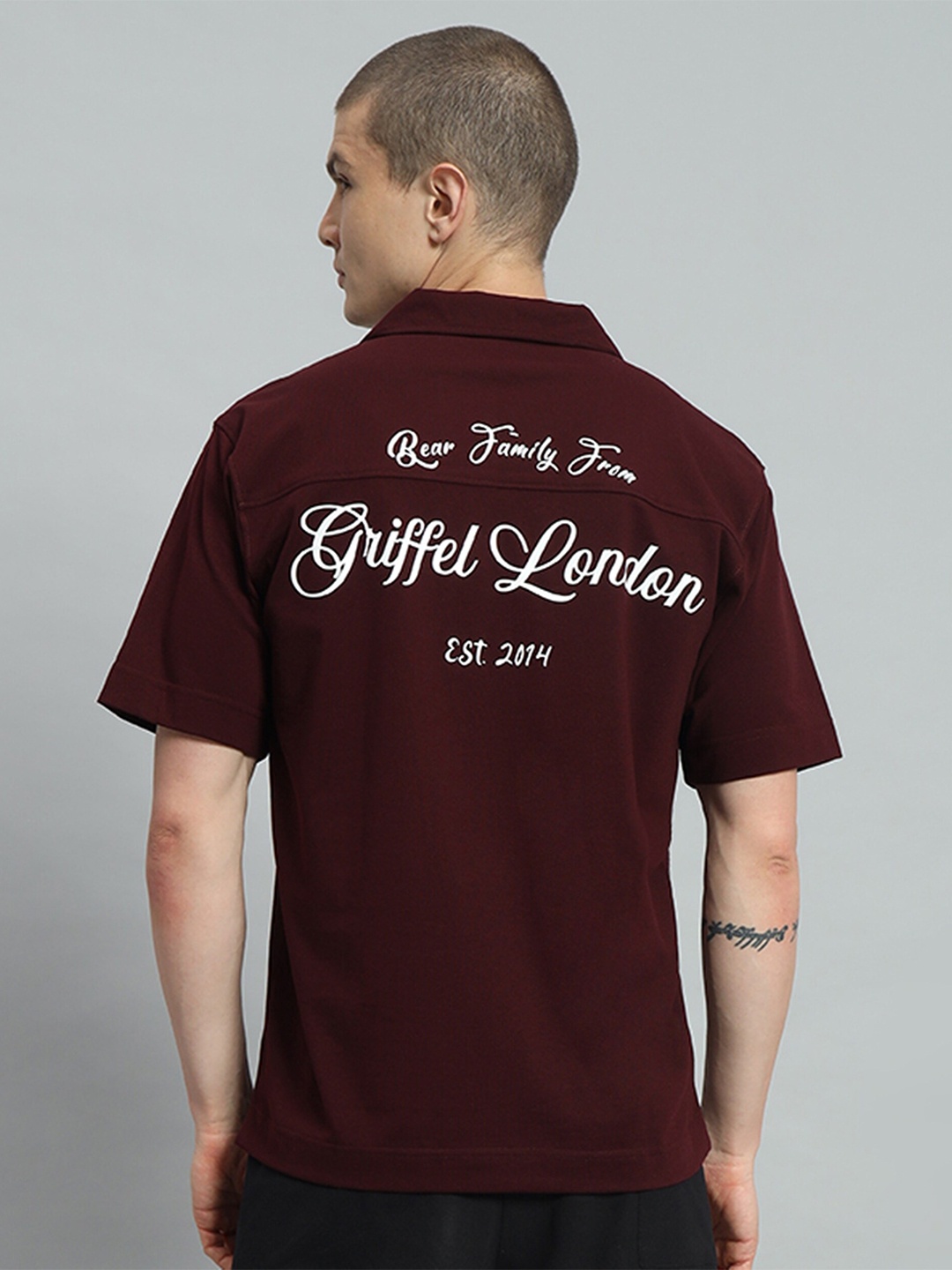 

GRIFFEL Premium Typography Printed Cuban Collar Cotton Casual Shirt, Maroon