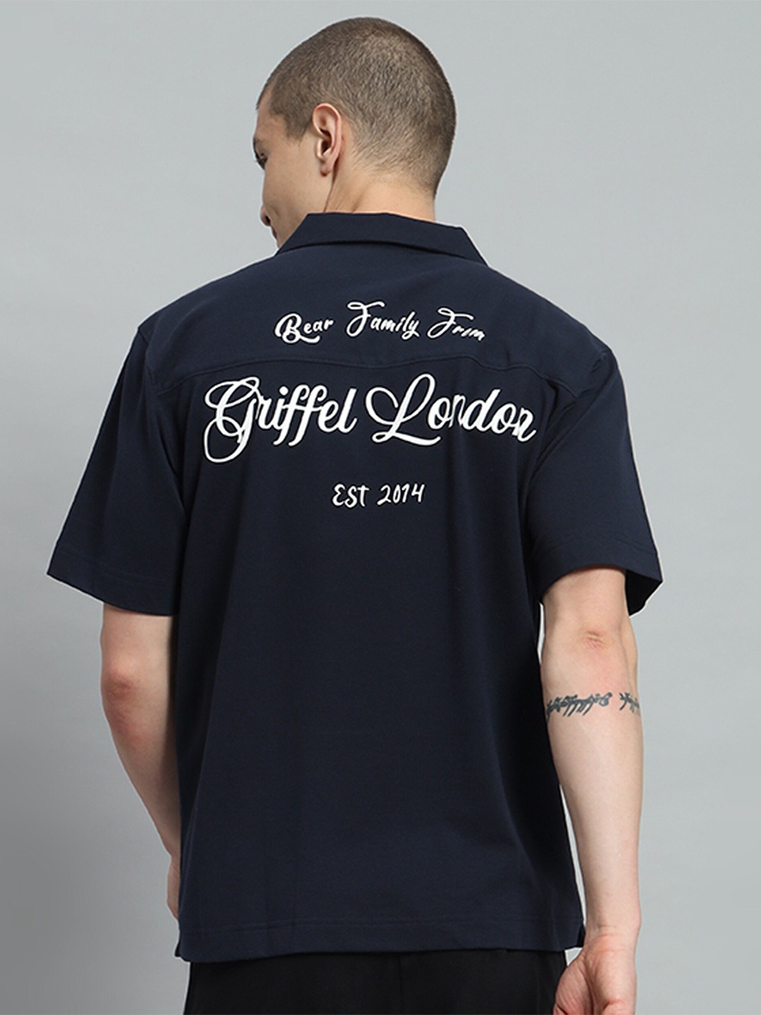 

GRIFFEL Premium Typography Printed Cuban Collar Cotton Casual Shirt, Navy blue