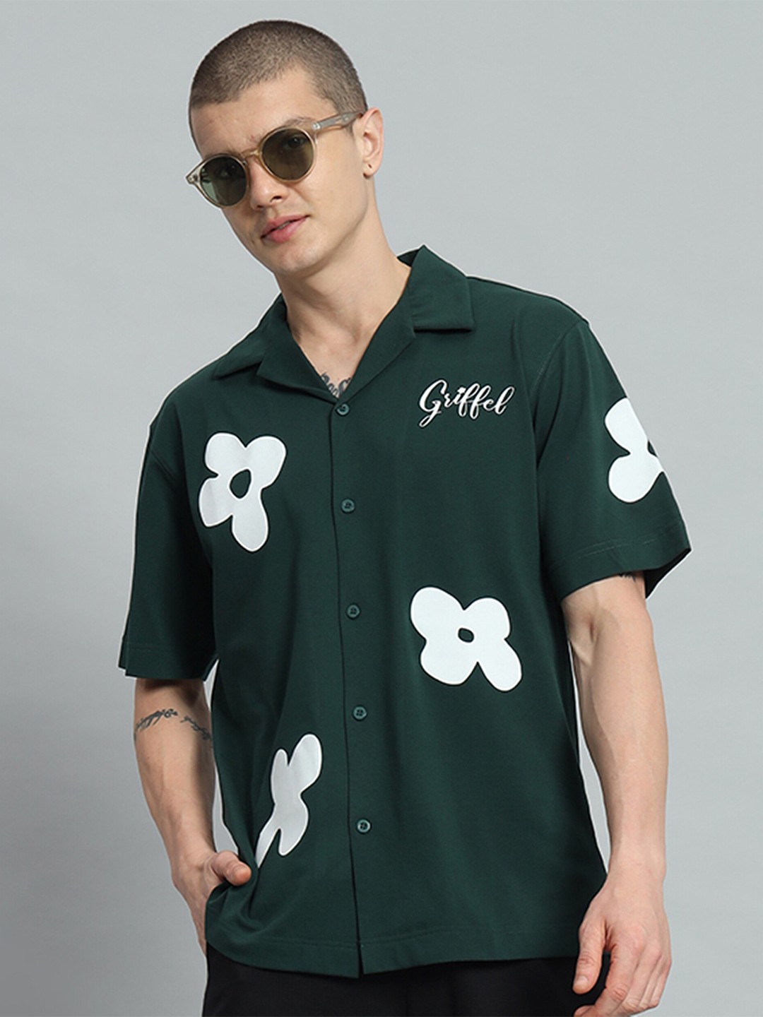 

GRIFFEL Premium Floral Printed Cotton Casual Shirt, Green