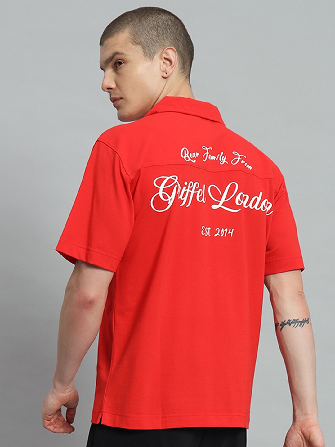 

GRIFFEL Premium Typography Printed Cuban Collar Cotton Casual Shirt, Red