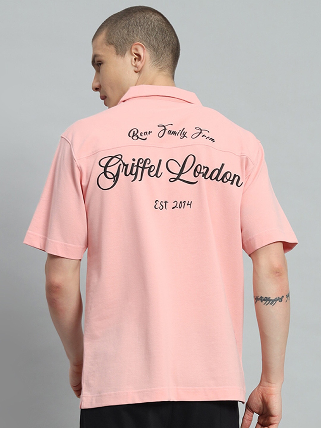 

GRIFFEL Premium Typography Printed Cuban Collar Cotton Casual Shirt, Peach