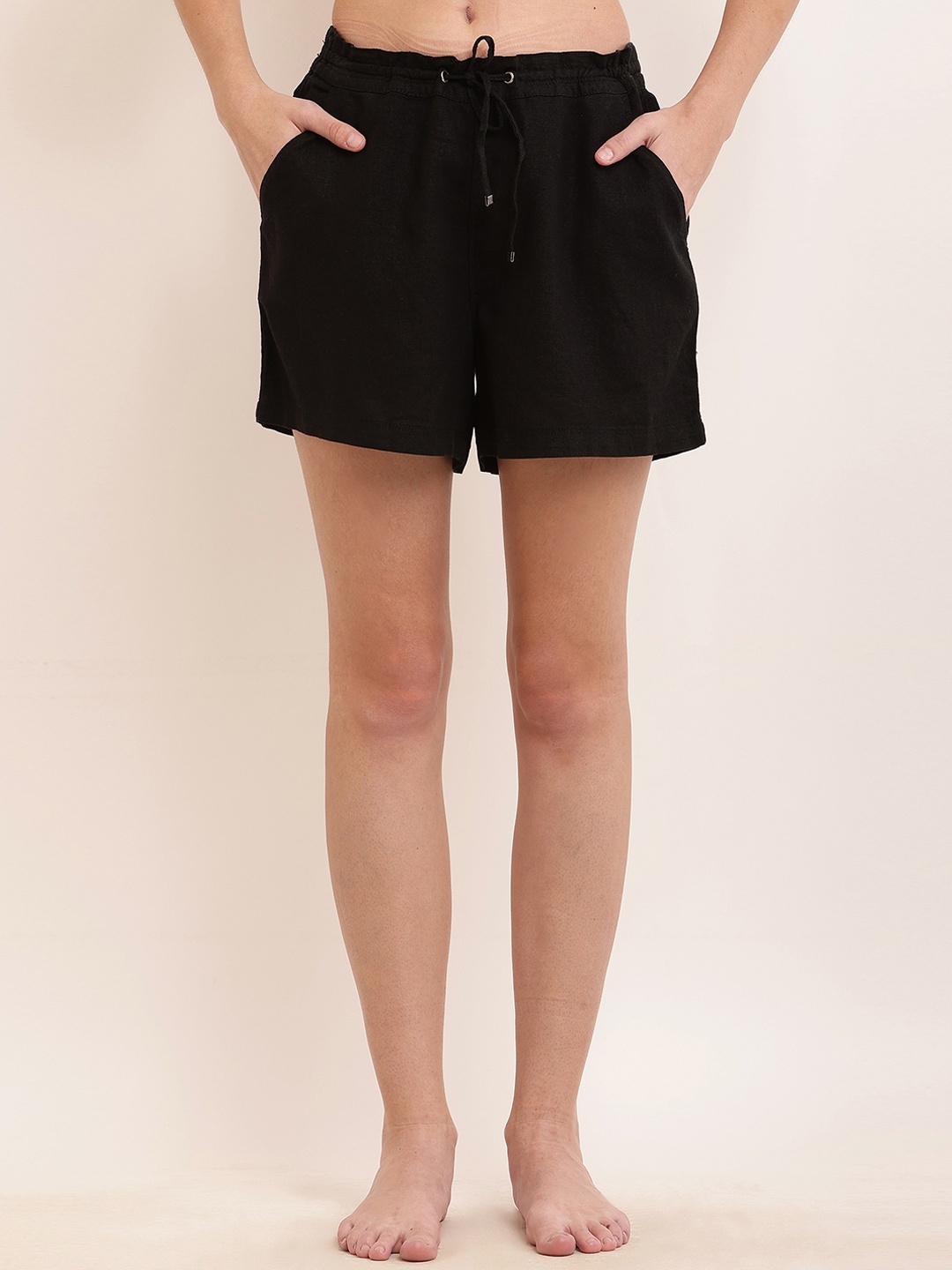 

NoBarr Women Mid-Rise Linen Shorts, Black