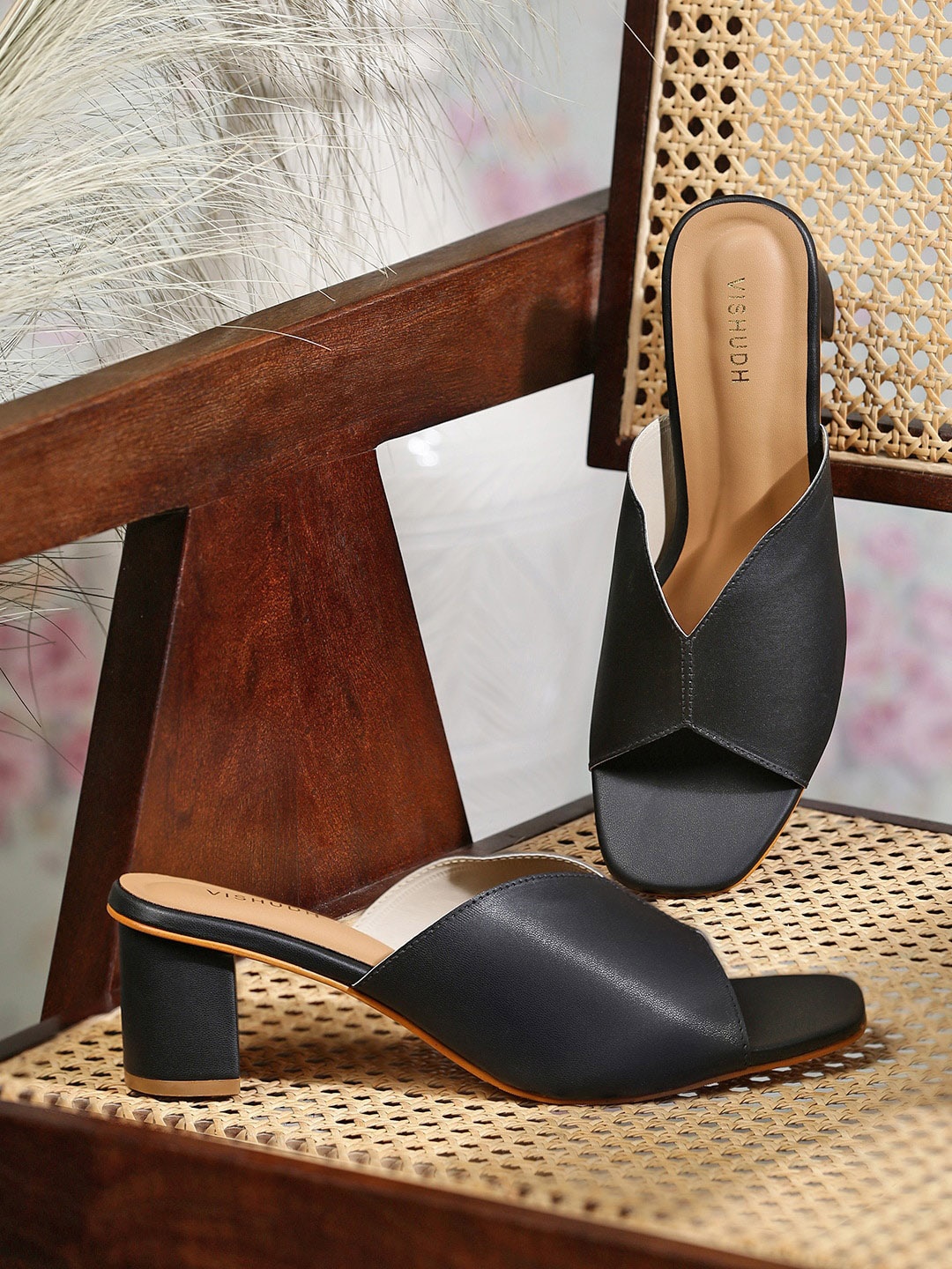

Vishudh Peep Toe Block Heeled Mules, Black