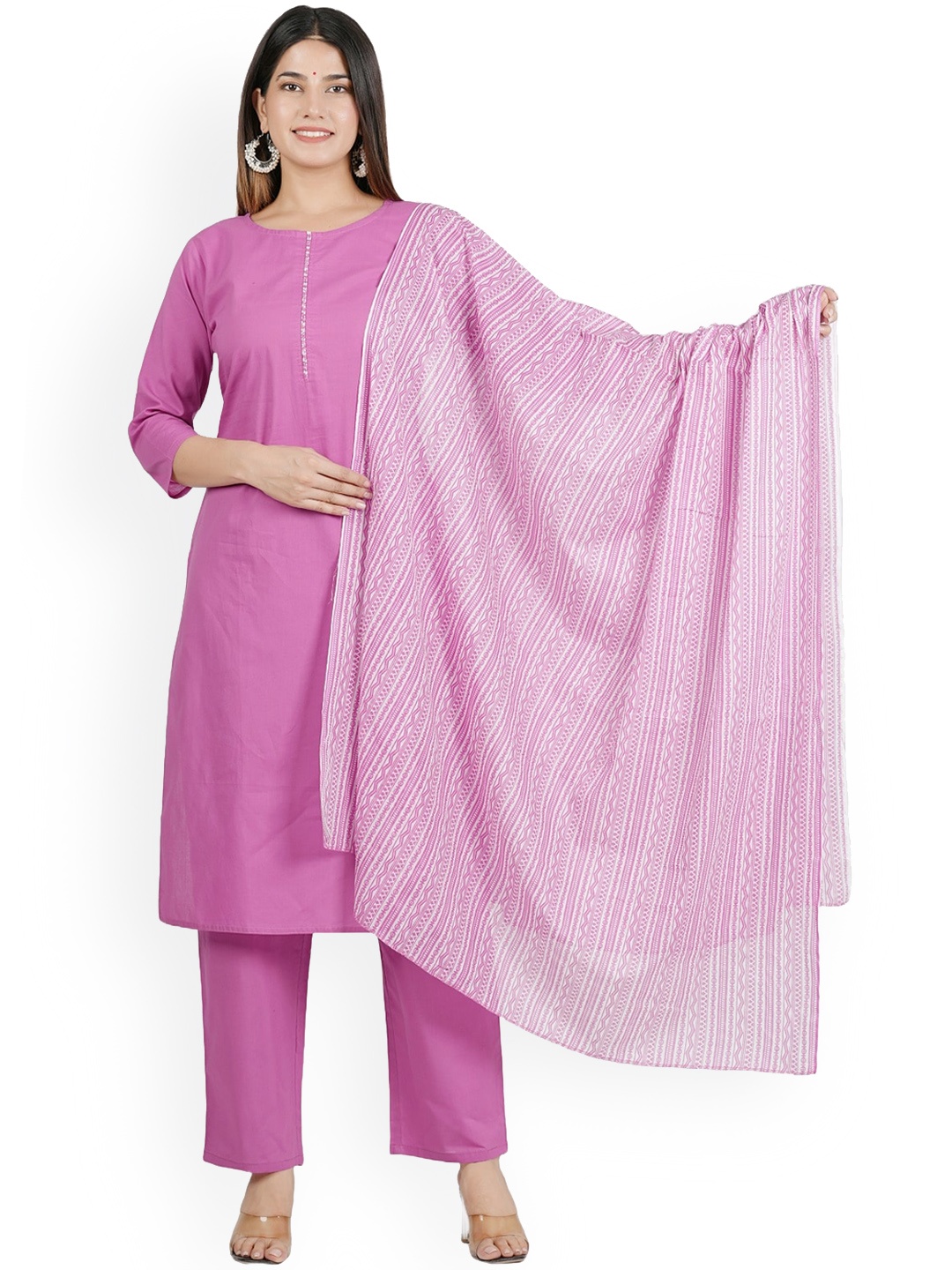 

ALLEN WEAVE Regular Pure Cotton Kurta With Trousers & Dupatta, Pink