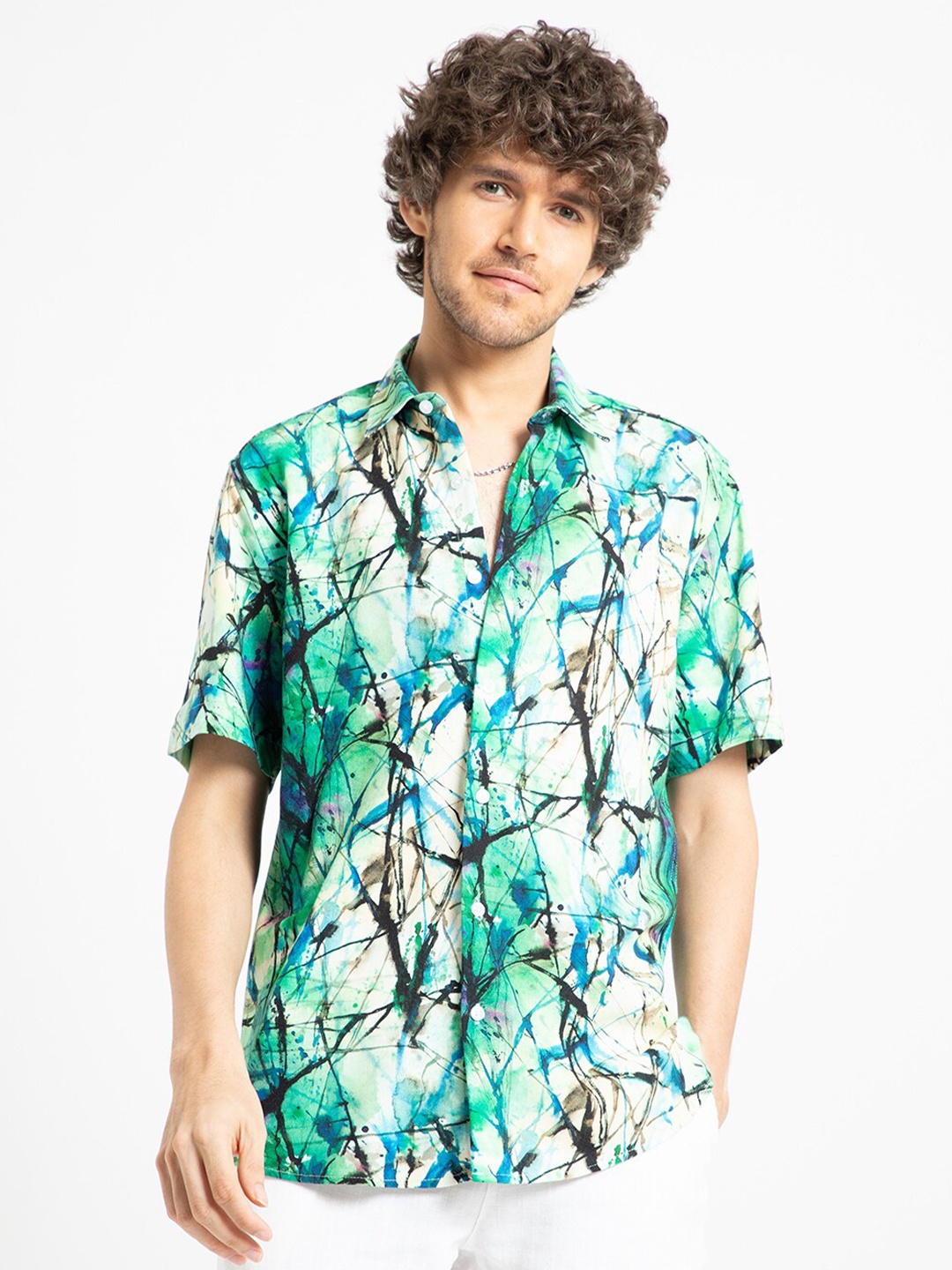 

Banana Club Classic Slim Fit Abstract Printed Spread Collar Short Sleeves Casual Shirt, Green